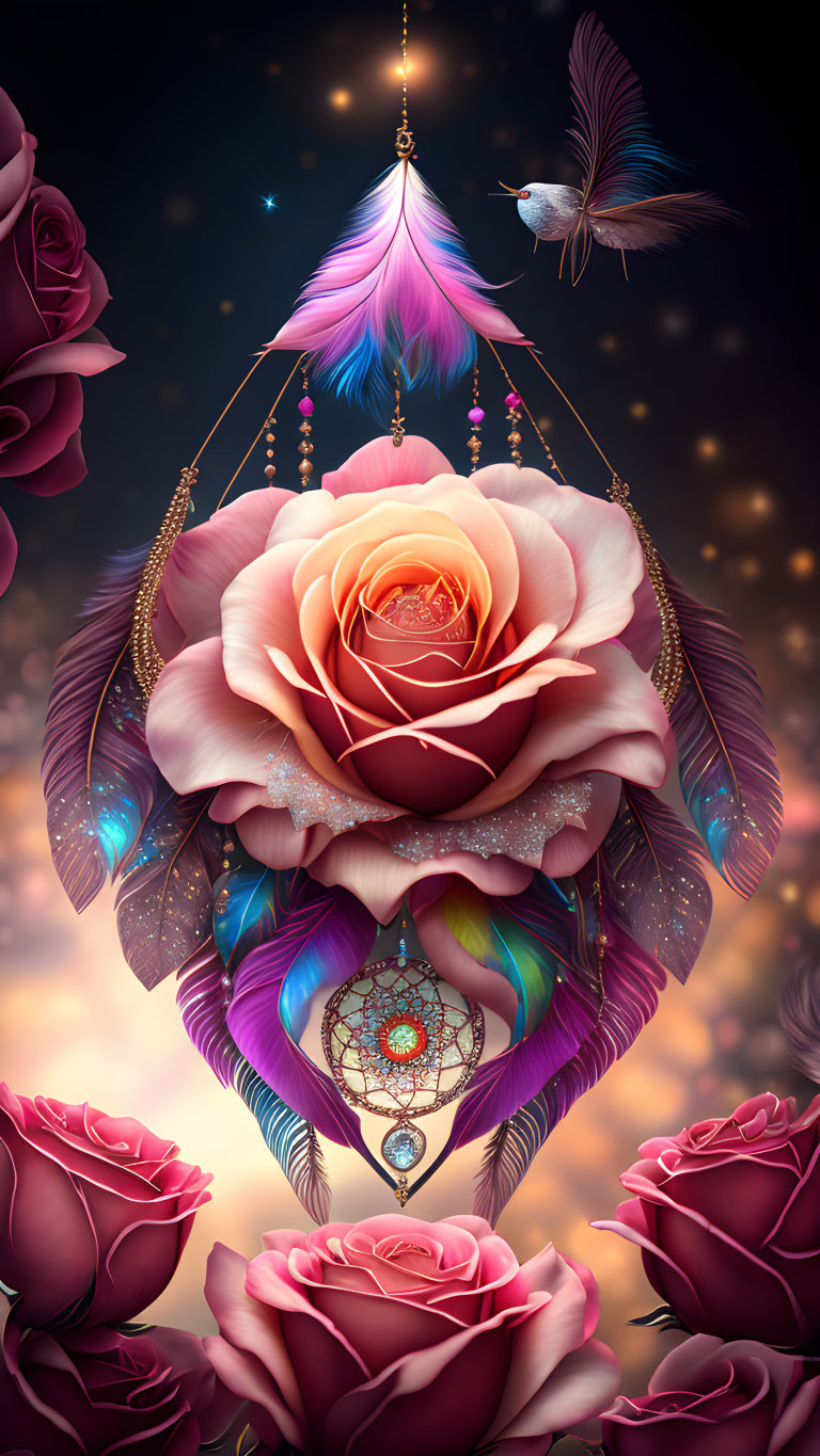 Colorful digital artwork: central rose, feathers, dreamcatcher, beads, bird, starry