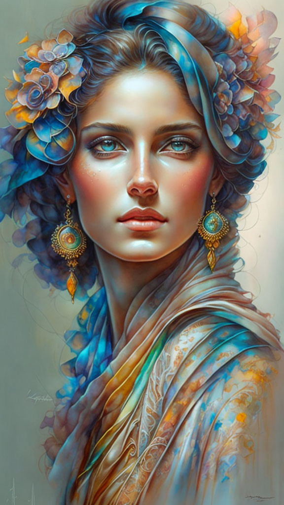 Portrait of Woman with Blue Flowers, Gold Earrings, and Colorful Scarf