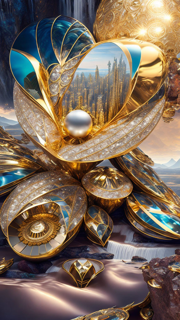 Golden ornate heart in surreal landscape with mountains, crystals, and river