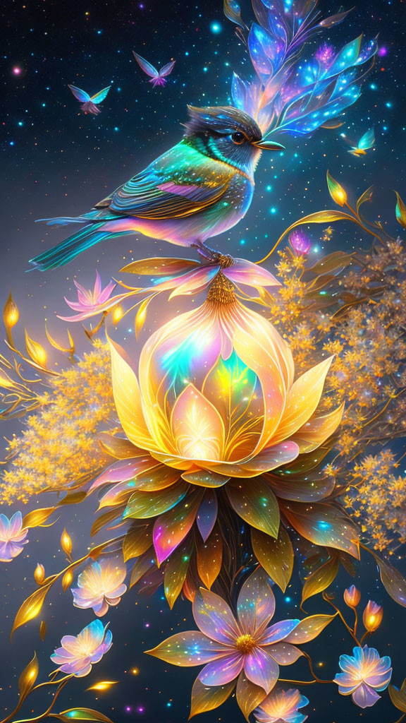 Colorful bird on celestial flower in starry backdrop