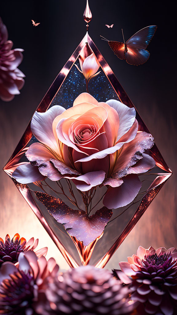 Surreal rose in crystal prism with cosmic backdrop and flowers