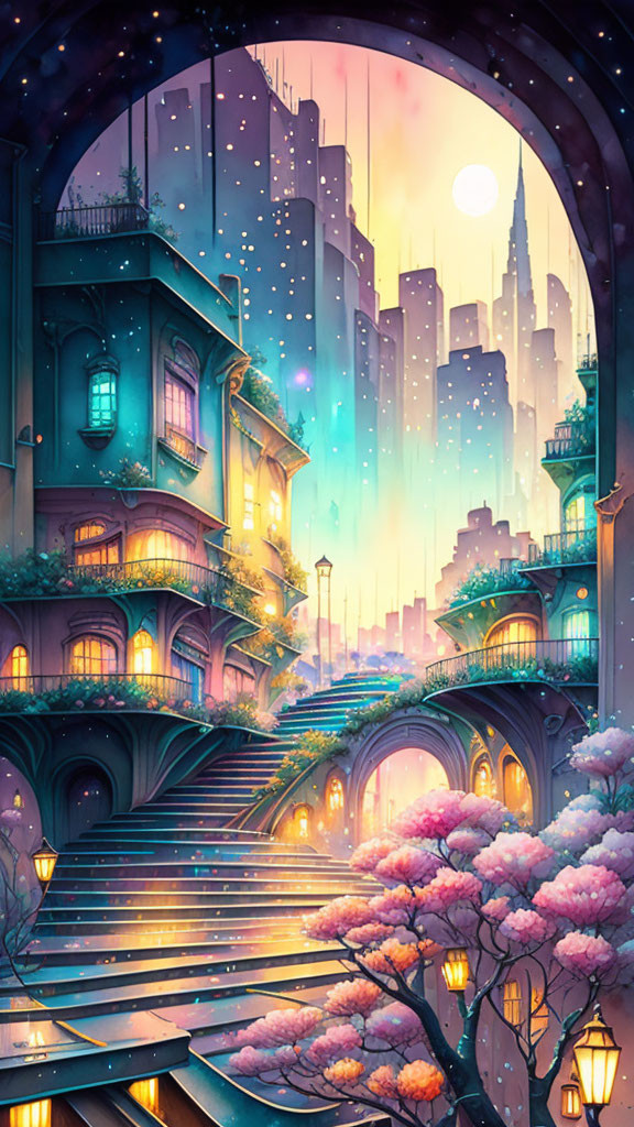 Colorful fantasy cityscape with skyscrapers, staircase, trees, and moon.