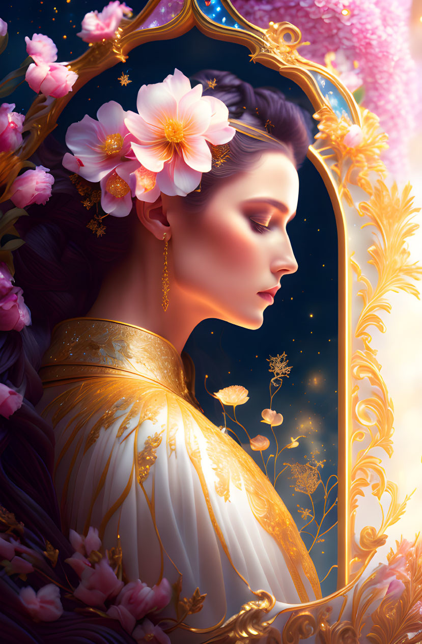 Digital illustration of woman with flowers and golden accents in ornate mirror.