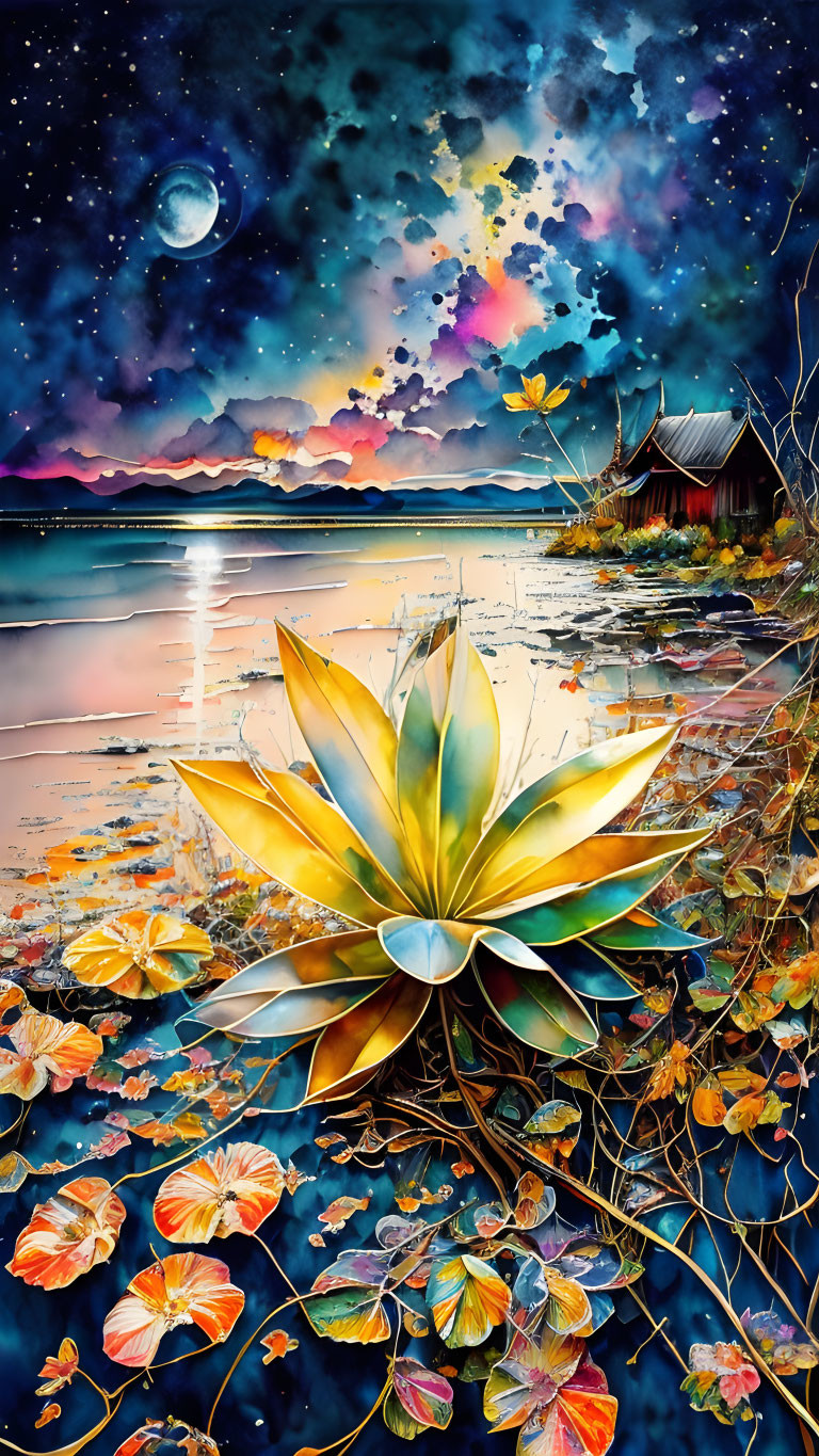 Colorful lotus flower on water with moon and cabin