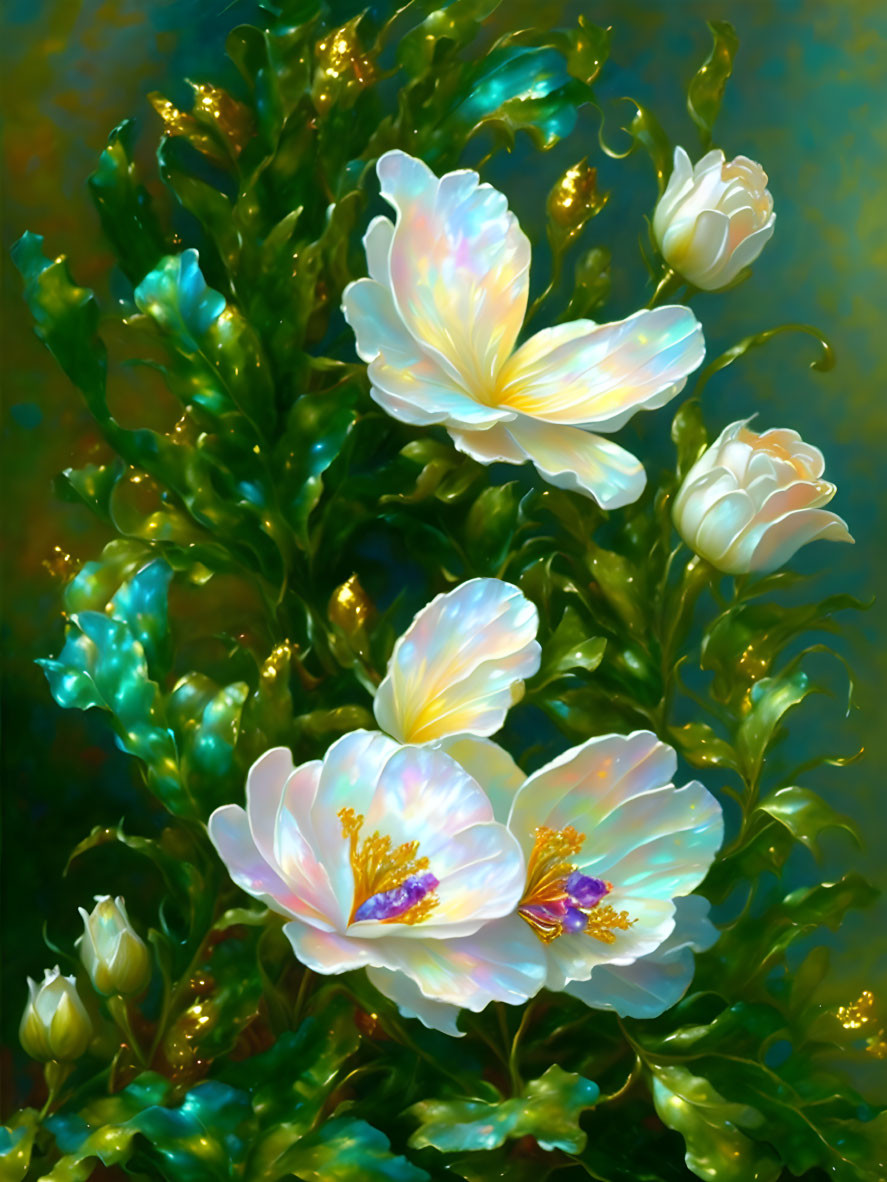 Glowing white flowers with golden stamens in lush green foliage