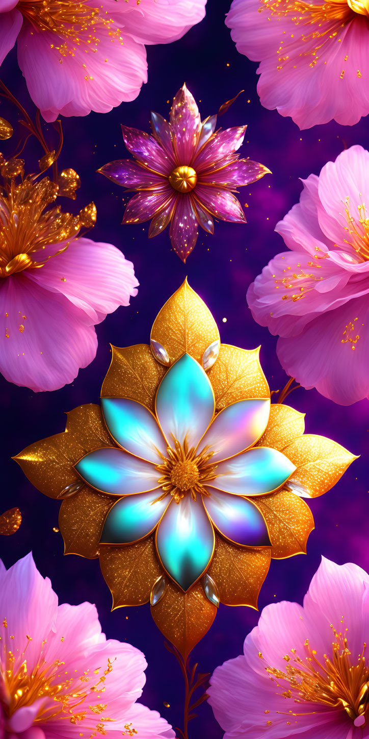 Colorful digital artwork: Luminous flowers with golden accents on deep purple.