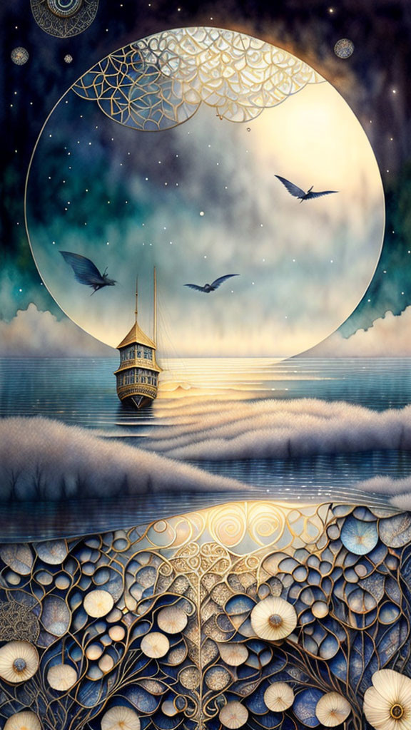 Surreal illustration: large moon, flying birds, floating house, misty waters, ornate