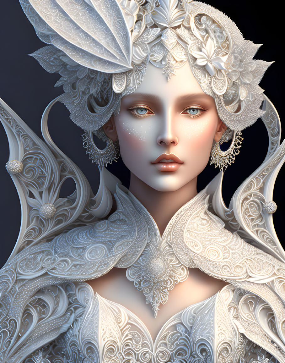 Detailed 3D illustration of woman in white lace attire and ornate headpiece