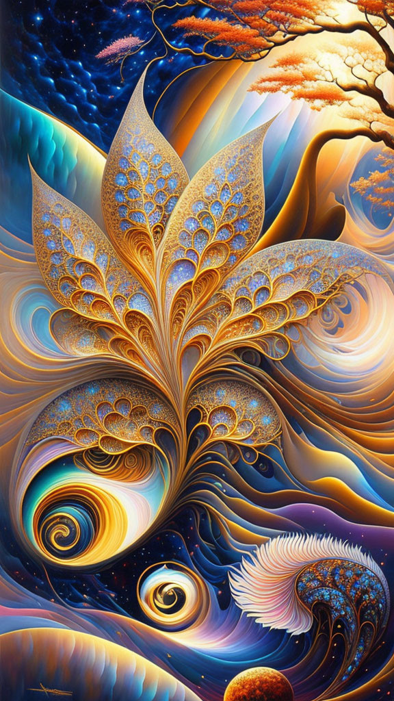 Colorful fantasy digital art with golden fractal leaf against celestial patterns