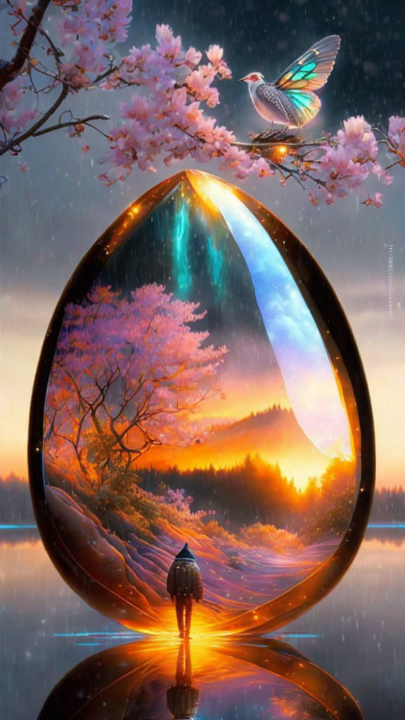 Surreal illustration of person by giant egg-shaped portal in fantasy landscape