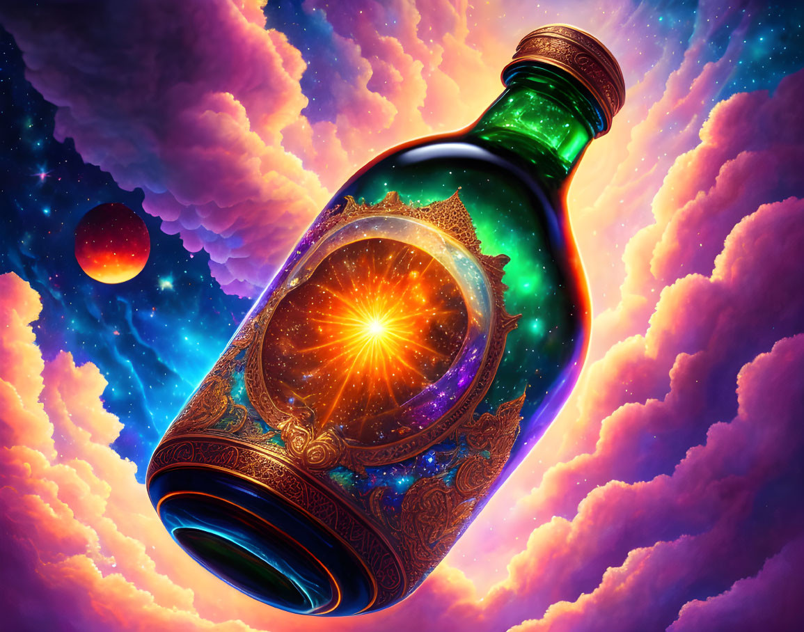 Cosmic-themed illustration of ornate bottle with star in vibrant nebula