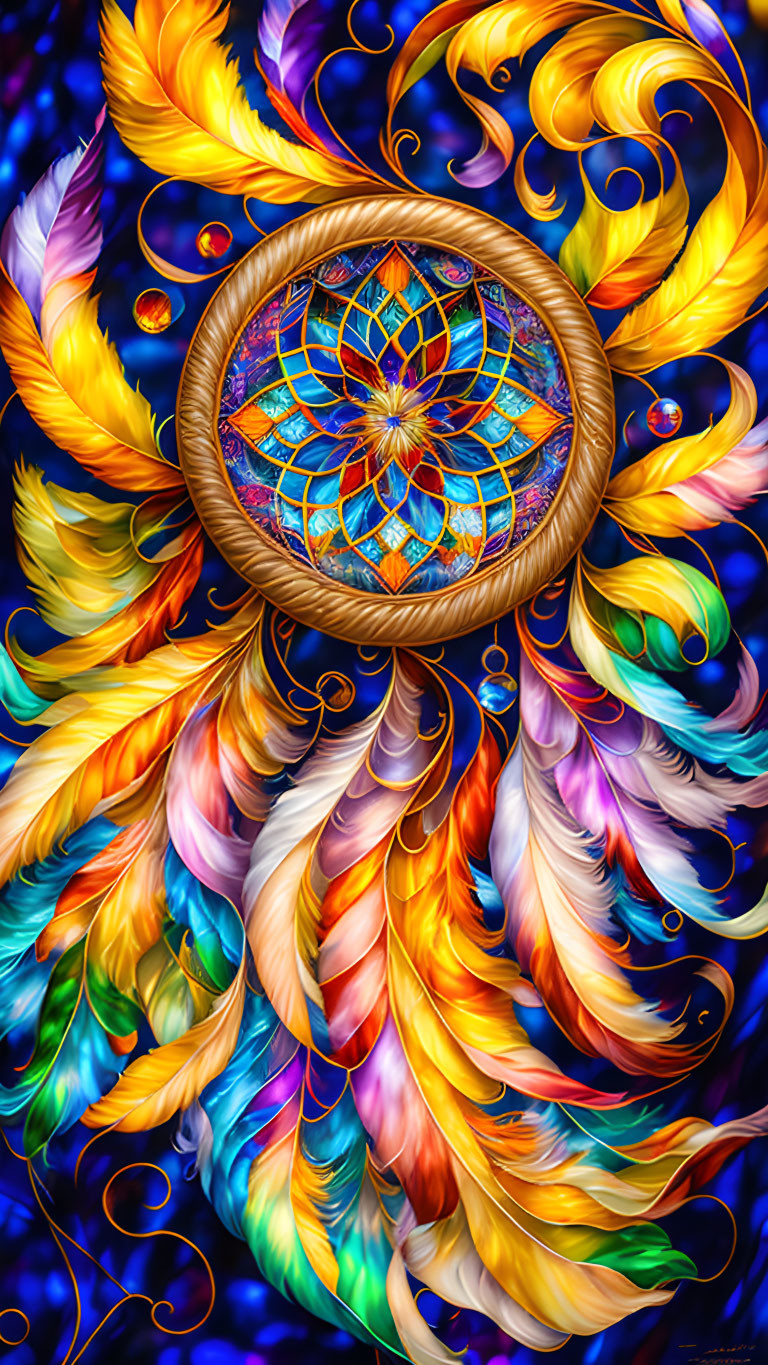 Colorful Dreamcatcher with Intricate Designs and Feathers on Dark Background