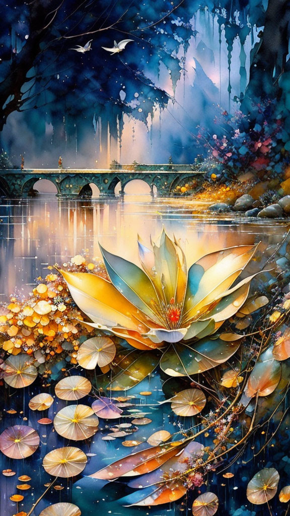 Colorful painting of serene pond with lily pads, lotus, bridge, whimsical trees,