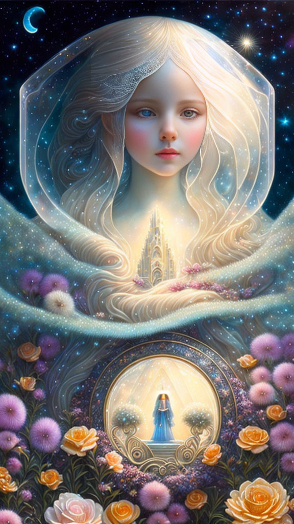 Illustration of ethereal woman's face with stars, flowers, crescent moon, and castle.