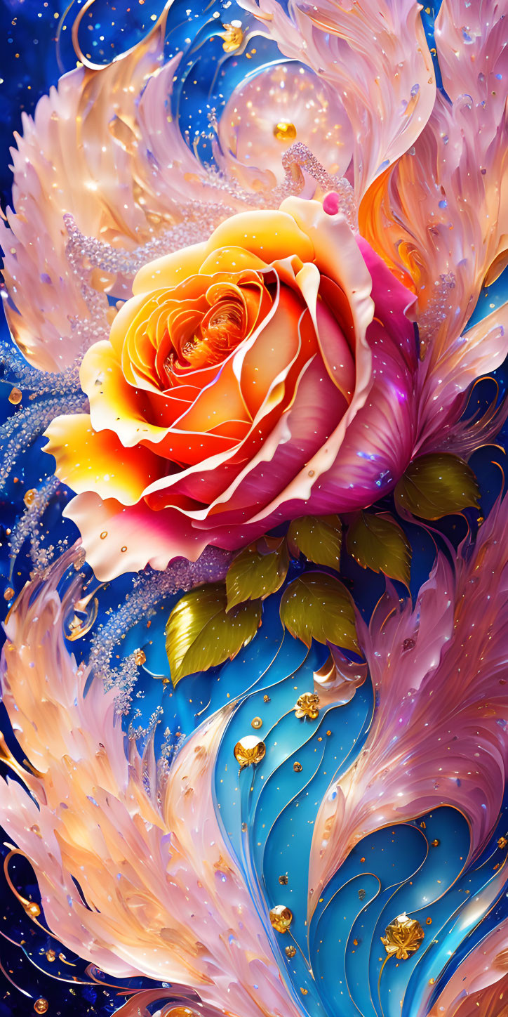 Colorful Digital Artwork: Multi-Colored Rose with Dynamic Patterns