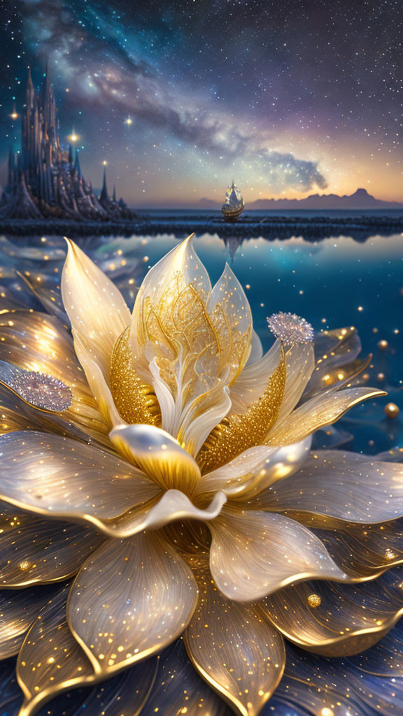 Glowing golden flower, ethereal castle, and ship in starry night scene