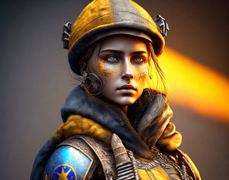 Digital Artwork: Woman with Blue Eyes in Steampunk Attire