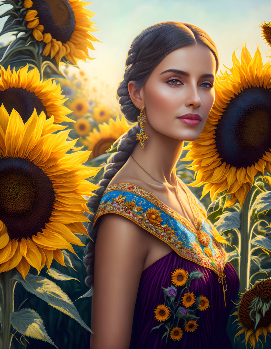 Woman with braided hairstyle in floral top surrounded by sunflowers in warm light