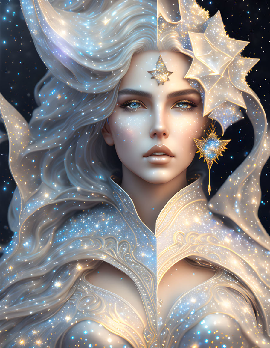 Starry celestial woman with white flowing hair and elegant attire