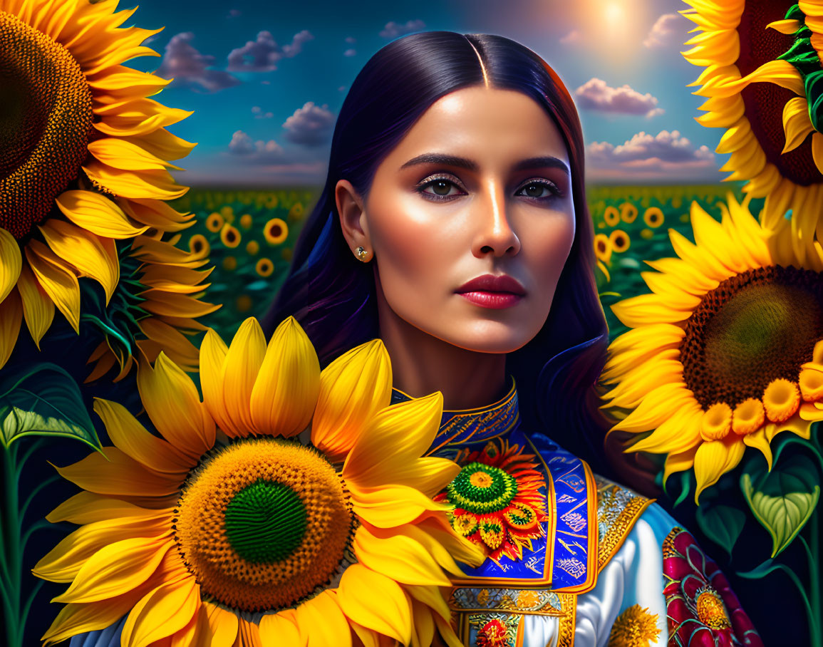 Traditional Attire Woman Surrounded by Sunflowers and Blue Sky