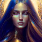 Digital artwork: Woman with blue hair, golden armor, intricate halo patterns.