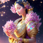 Digital artwork: Woman in gold costume amid pink blossoms under starry sky