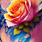 Vibrant peach and purple roses on blue background with gold patterns