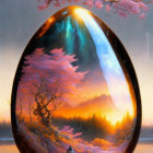 Surreal illustration of person by giant egg-shaped portal in fantasy landscape