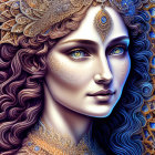 Detailed digital artwork: Woman with golden headdress, blue jewelry, intricate patterns, mystical fantasy vibe