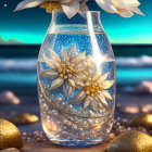 Whimsical illustration of angelic figure in bottle with flower on fantastical nighttime backdrop