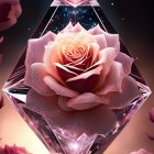 Surreal rose in crystal prism with cosmic backdrop and flowers