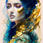 Digital artwork: Woman with flowing hair and gold swirls on soft, colorful background