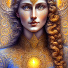 Digital artwork: Woman with golden adornments, blue skin, and luminous eyes.