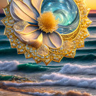 Golden mandala over sea with sunset sky in digital art