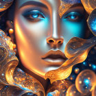 Blue-skinned woman surrounded by golden geometric patterns and jewels