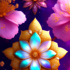 Colorful digital artwork: Luminous flowers with golden accents on deep purple.