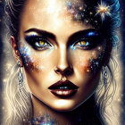 Cosmic-themed digital artwork of woman with golden glowing designs