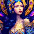 Colorful mythical being with blue hair, golden headdress, crescent moon, and butterfly wings