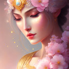 Golden crown woman surrounded by pink flowers and glowing cheeks.