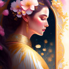 Digital illustration of woman with flowers and golden accents in ornate mirror.