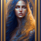 Digital portrait of woman with blue and gold hair, glowing patterns, ornate golden frame