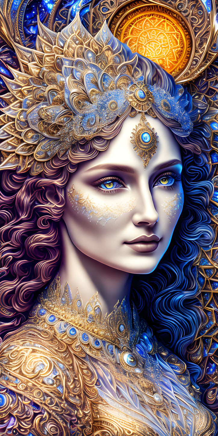 Detailed digital artwork: Woman with golden headdress, blue jewelry, intricate patterns, mystical fantasy vibe