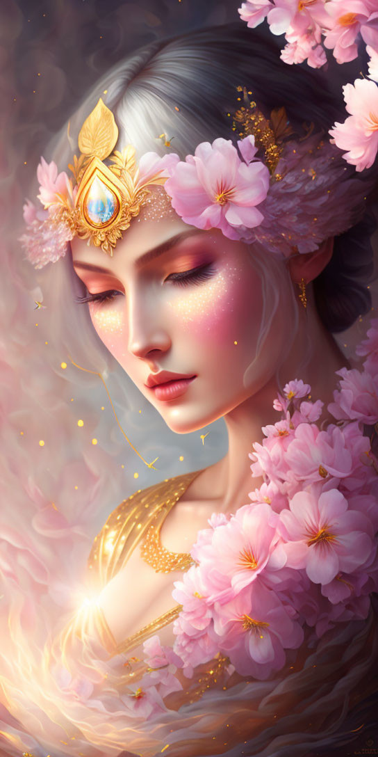 Golden crown woman surrounded by pink flowers and glowing cheeks.