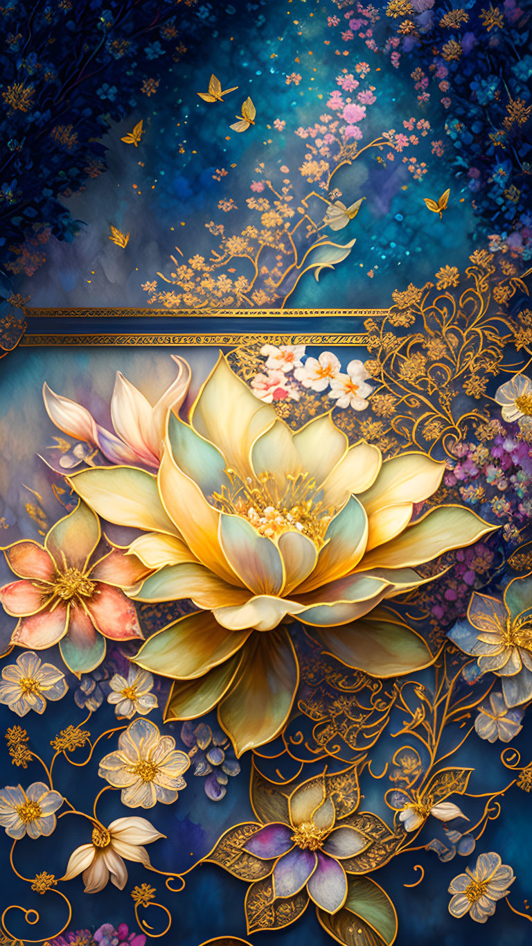 Detailed floral illustration with lotus, blossoms, butterflies on blue and gold background