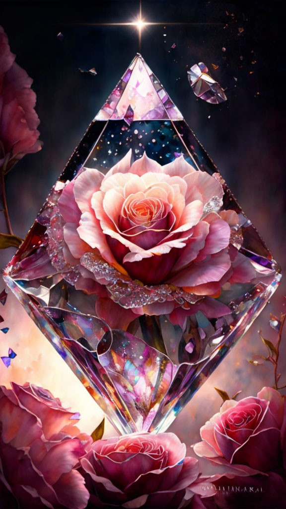 Sparkling pink rose in diamond crystal with starry night sky.