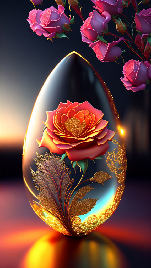 Golden floral pattern egg with blooming rose & sunset bouquet