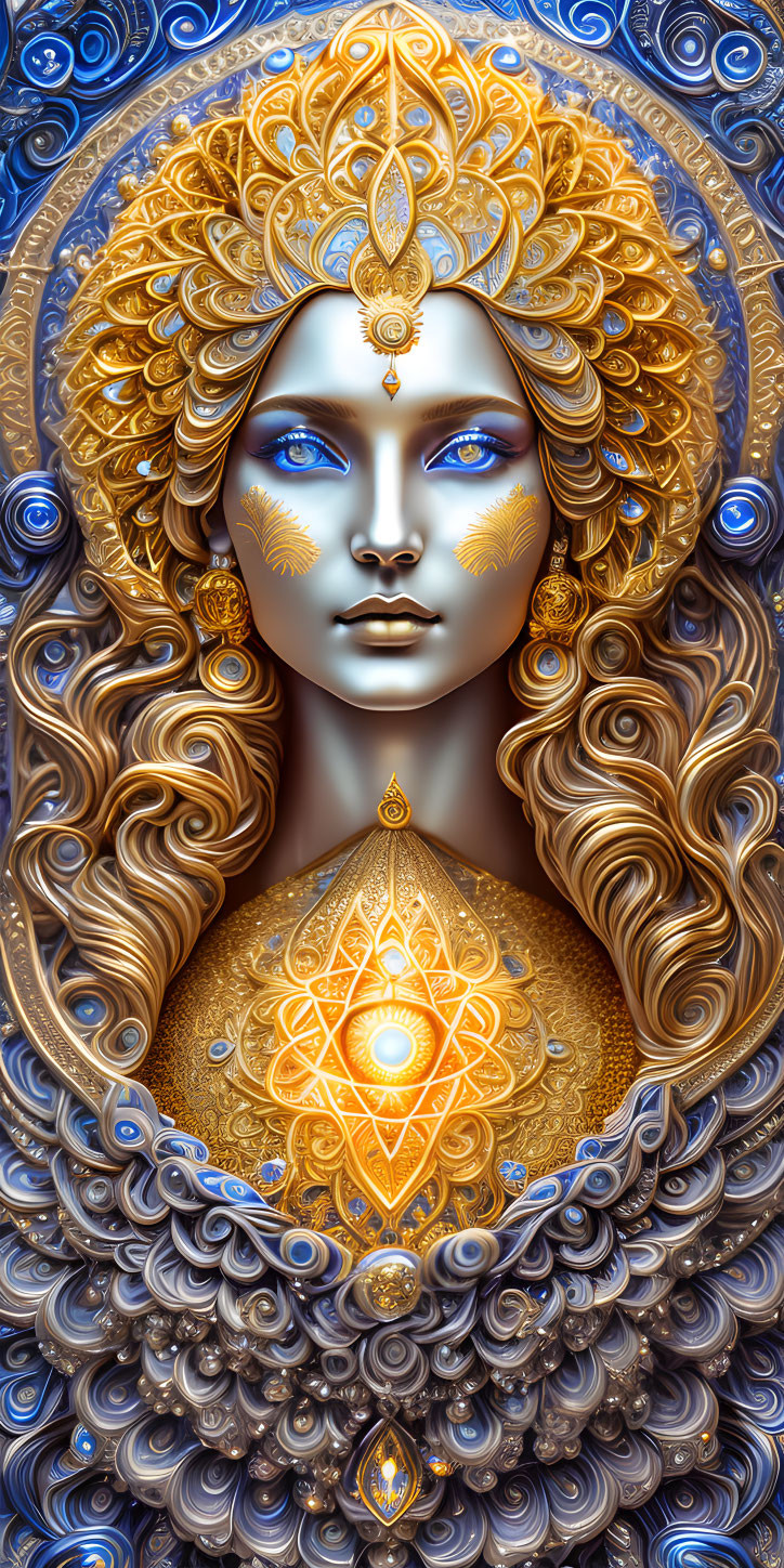 Digital Artwork: Woman with Gold & Blue Embellishments, Mandala Patterns