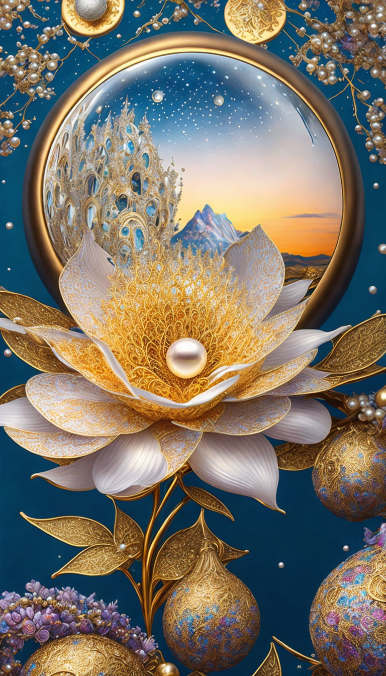 Golden Flower with Pearl Center on Starry Sky Background in Spherical Frame