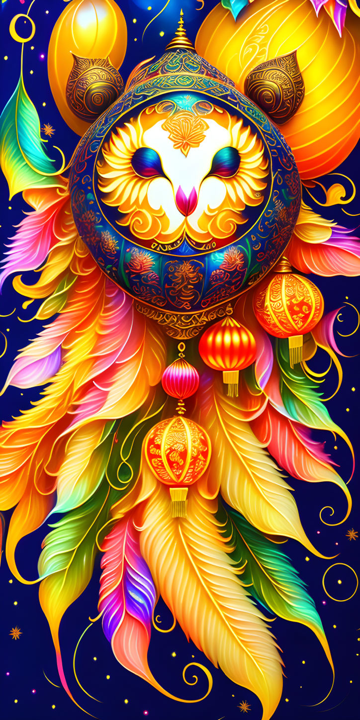 Colorful digital artwork: ornate dreamcatcher, feathers, starry night, illuminated lanterns