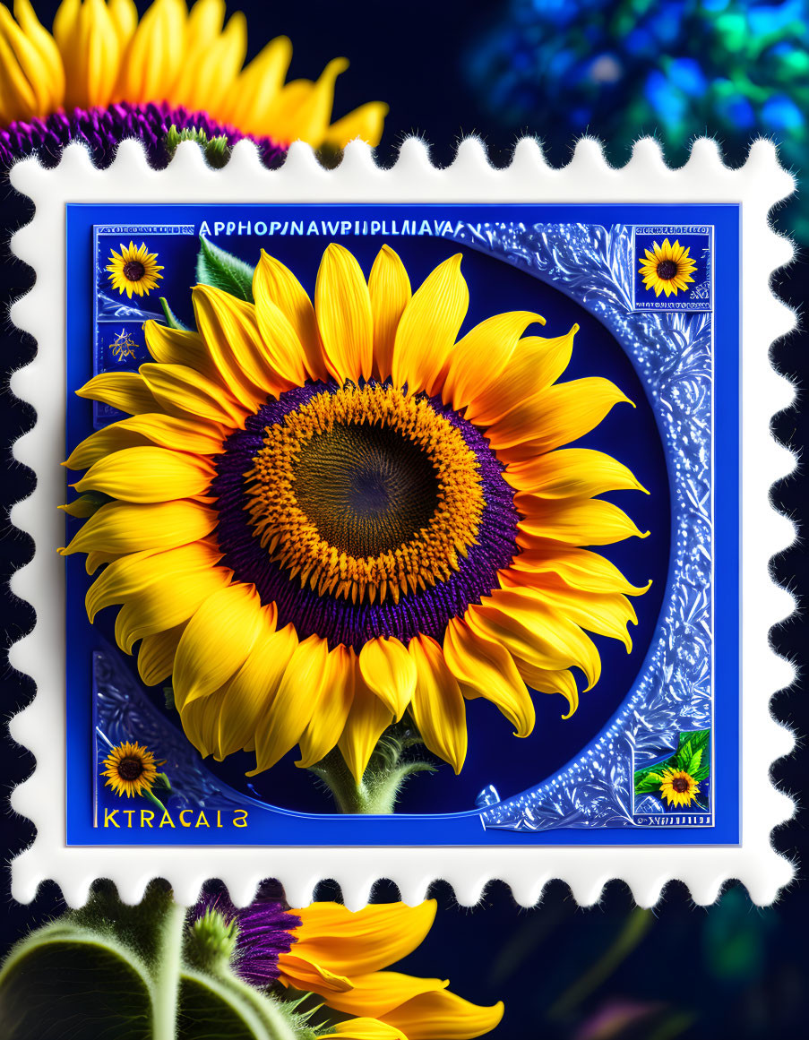 Colorful Sunflower Postage Stamp Design on Blue Background